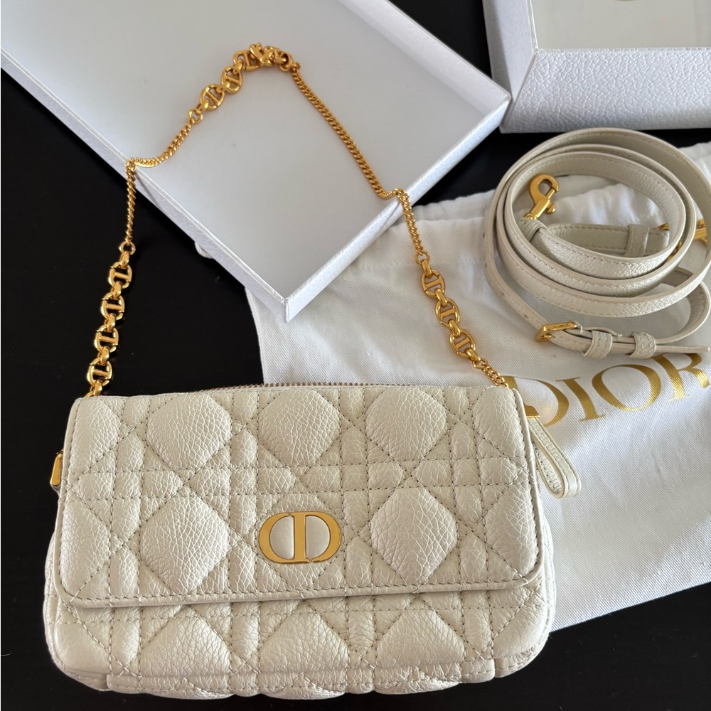White Dior caro pouch on chain